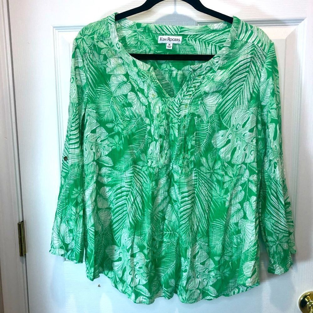 Kim Rogers tropical green and white tunic top, size XL